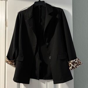 SHEIN Black Blazer with Animal Print Cuffs